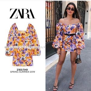 Zara Camilla Floral Square Neck Off The Shoulder Balloon Sleeve Mini Dre…